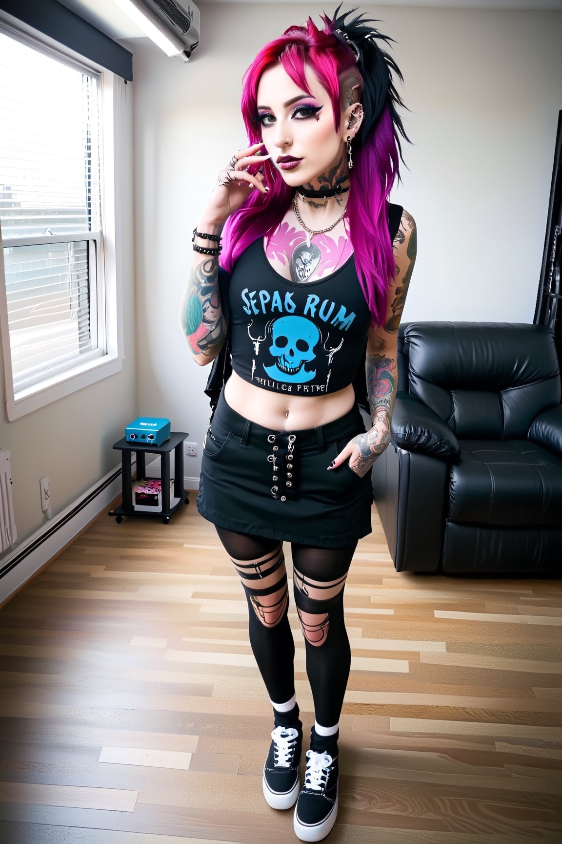 1girl, pink-emo, (piercings), (septum_ring), tattoos, full length photo shoot