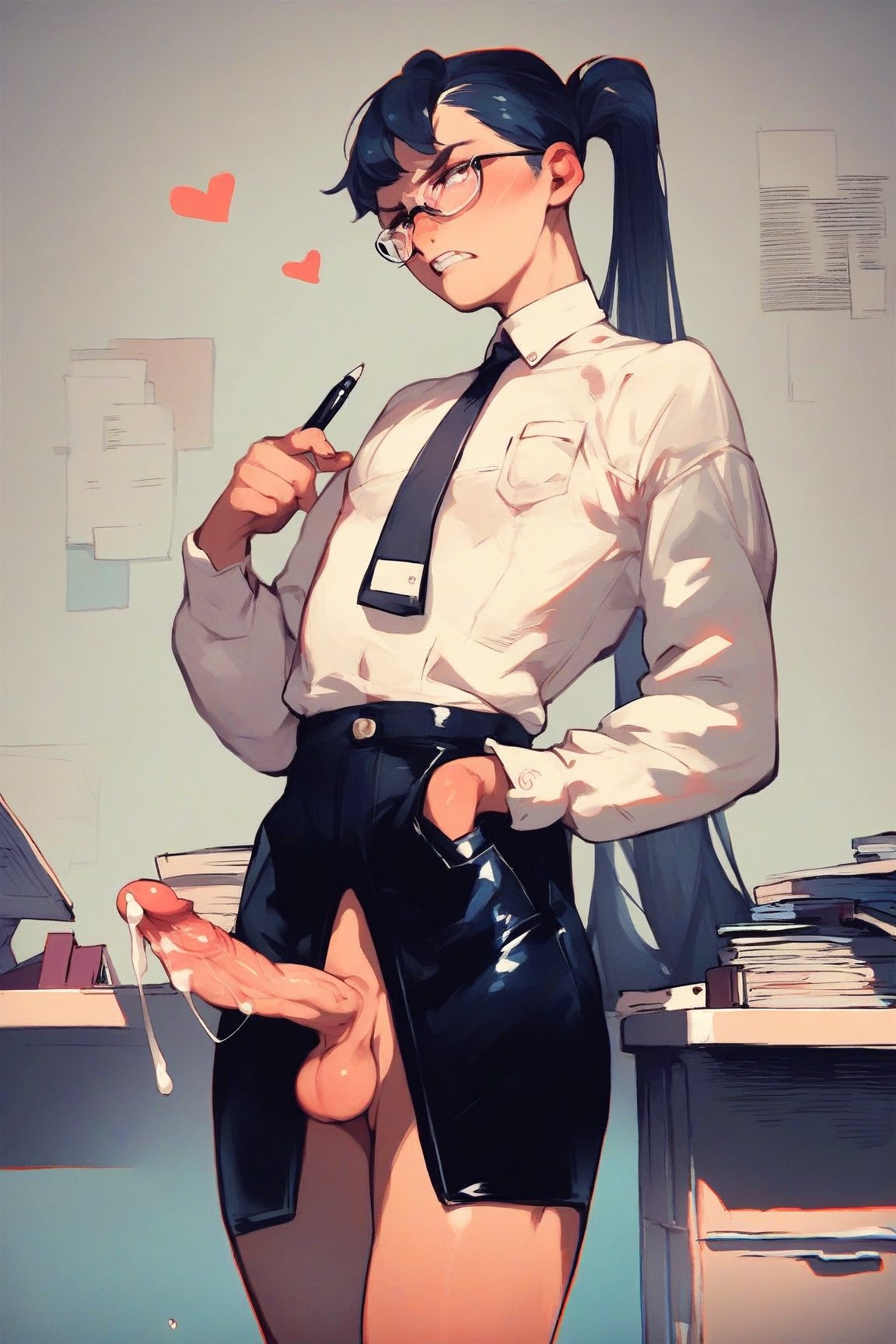  score_9, score_8_up, score_7_up, score_6_up, score_5_up, score_4_up, source_cartoon, source_anime, rating_explicit, femboys in office, otoko no ko, tight button down crop blouse, pocket protector with pens, office background, IT department, long hair, long ponytail, glasses, teeth clenched, nerd girl, standing, flacid penis, testicles, serious, hearts, motion, (dripping cum)