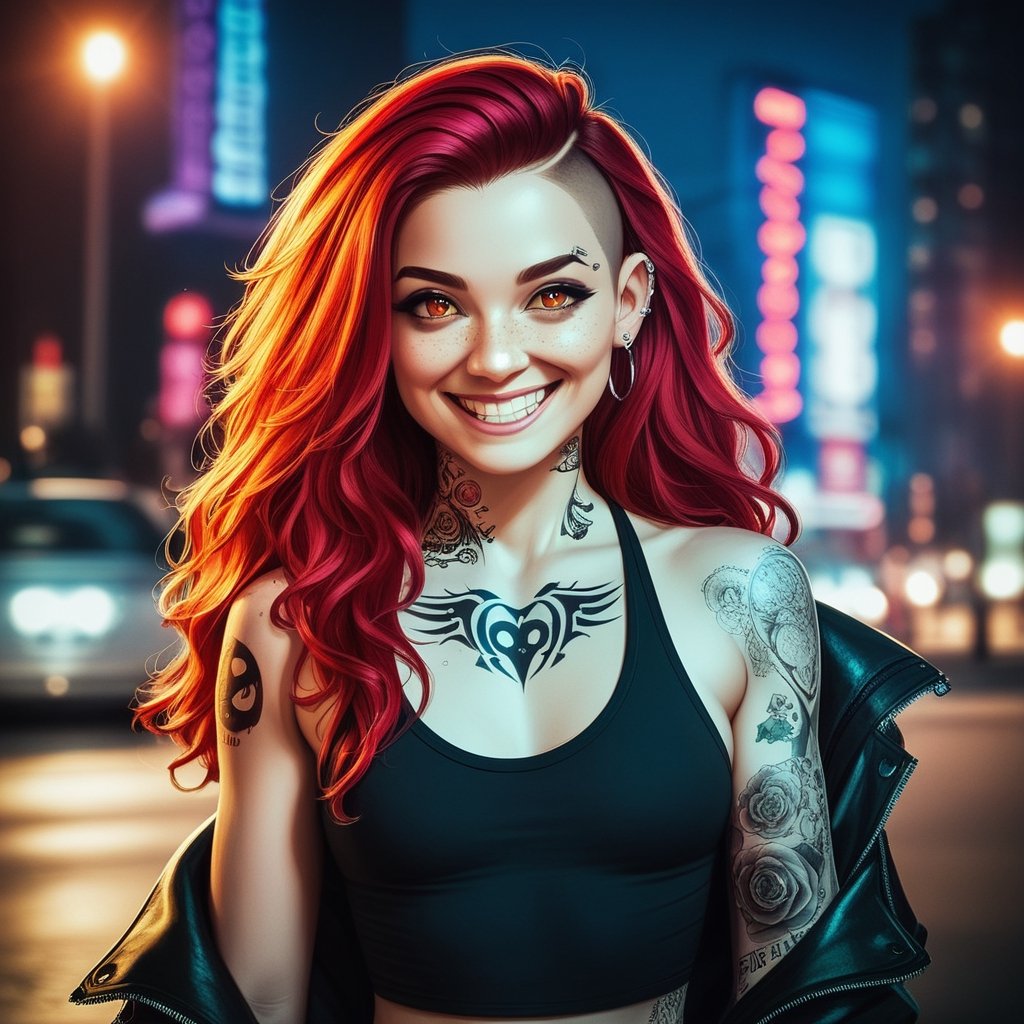 score_9,score_8_up, score_7_up, score_6_up, score_5_up, score_4_up,hyper realism, photo realistic, 8k, digital slr, 1girl, pink-emo,(slim toned physique),(((piercings, septum_ring, tattoos, face tattoos))), ginger, freckles , (bright red hair, blonde tips, flowing, long, wavy), black tank top, small breasts,shorts, smile, urban nightime setting, bokeh