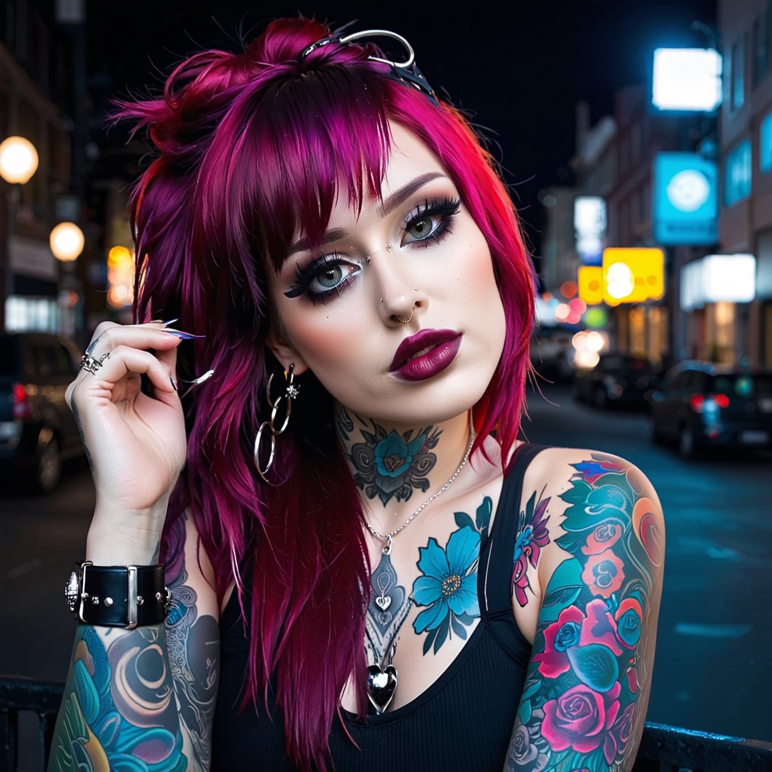 1girl, pink-emo, (((piercings, septum_ring, tattoos, face tattoos))), long red hair, urban nightime setting, bokeh