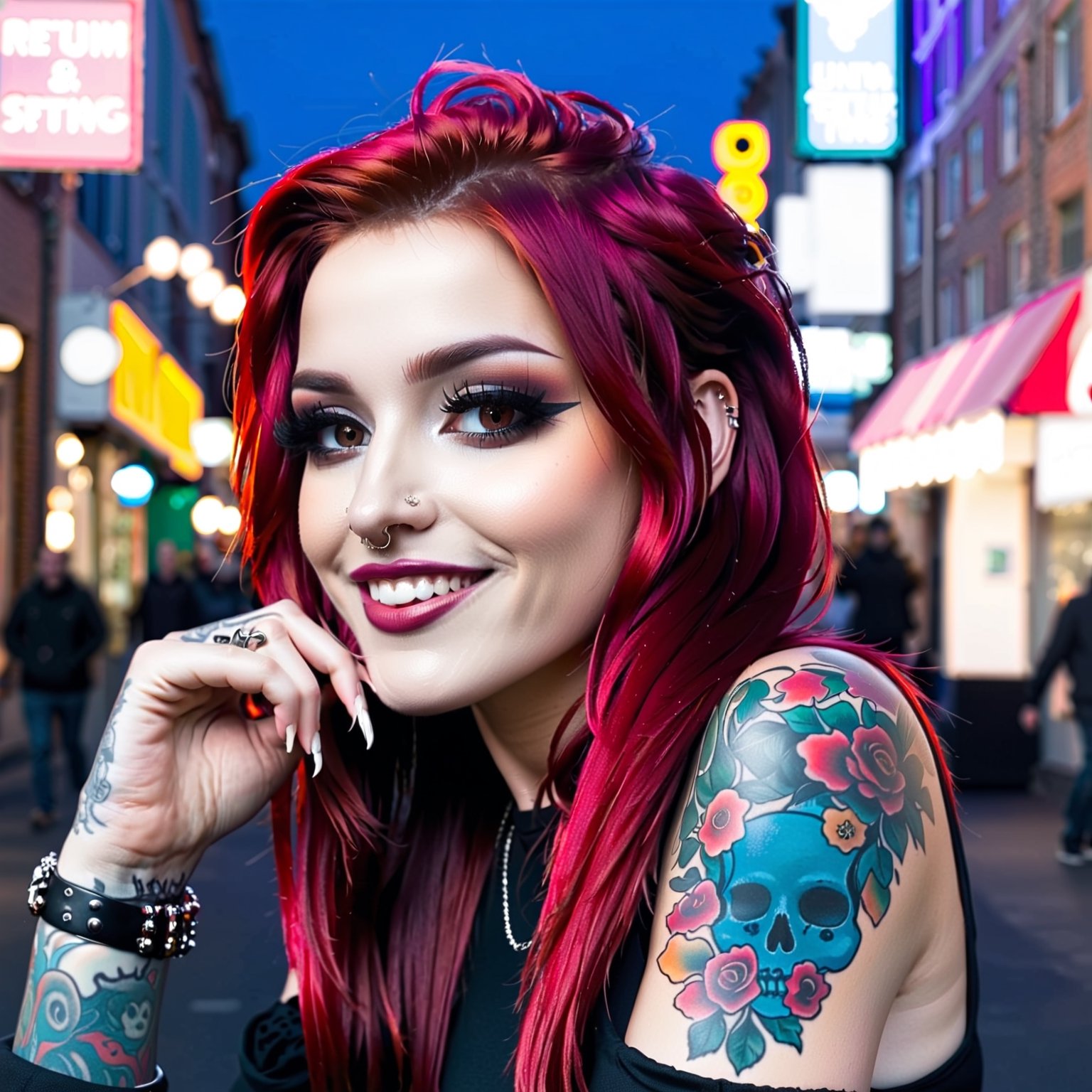 1girl, pink-emo, (((piercings, septum_ring, tattoos, face tattoos))), ginger, frecckes, (long wavy red hair), seductive smile, urban nightime setting, bokeh