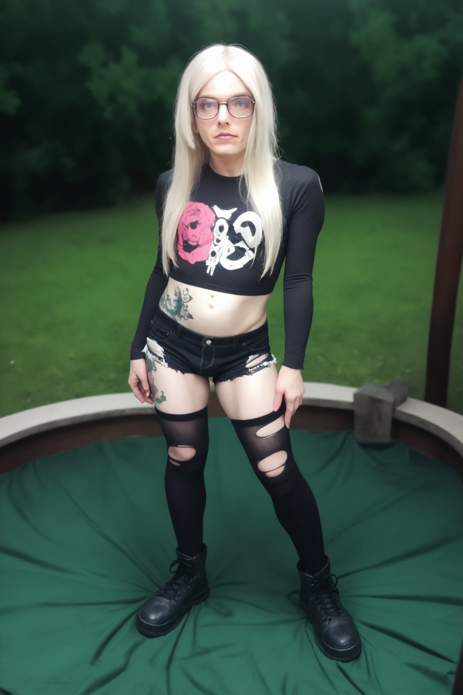 score_9,score_8_up, score_7_up, score_6_up,hyper realism, photo realistic, 8k, digital slr, full body photo, ophelia, solo, long hair, blonde with pink dyed ends, glasses,((tattoos, piercings)), looking at viewer, emo, tight band shirt, torn shorts, thigh highs, (((outdoors, gritty urban backdrop,bokeh))) ,pink-emo