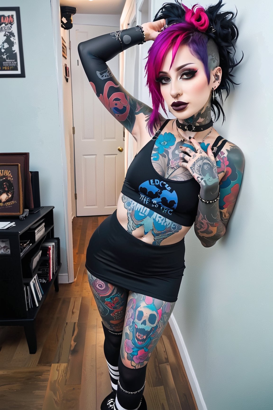 1girl, pink-emo, (piercings), (septum_ring), tattoos, full length photo shoot