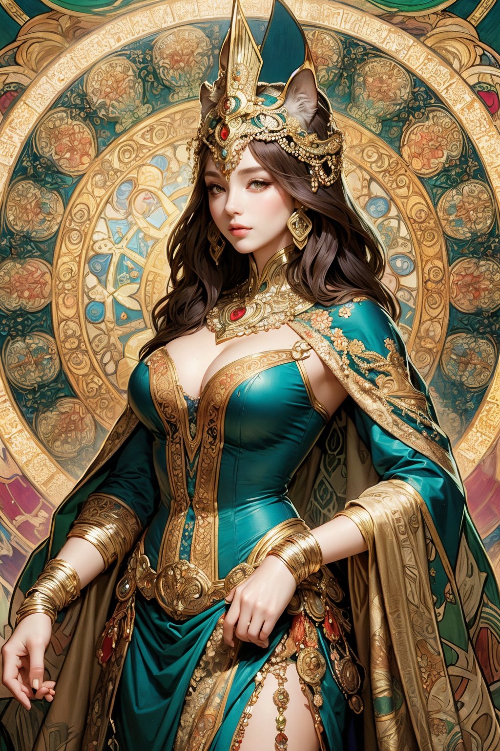 ((mucha style)), queen, cat woman, egyptian, busty and sexy girl, 8k, masterpiece, ultra-realistic, best quality, high resolution, high definition