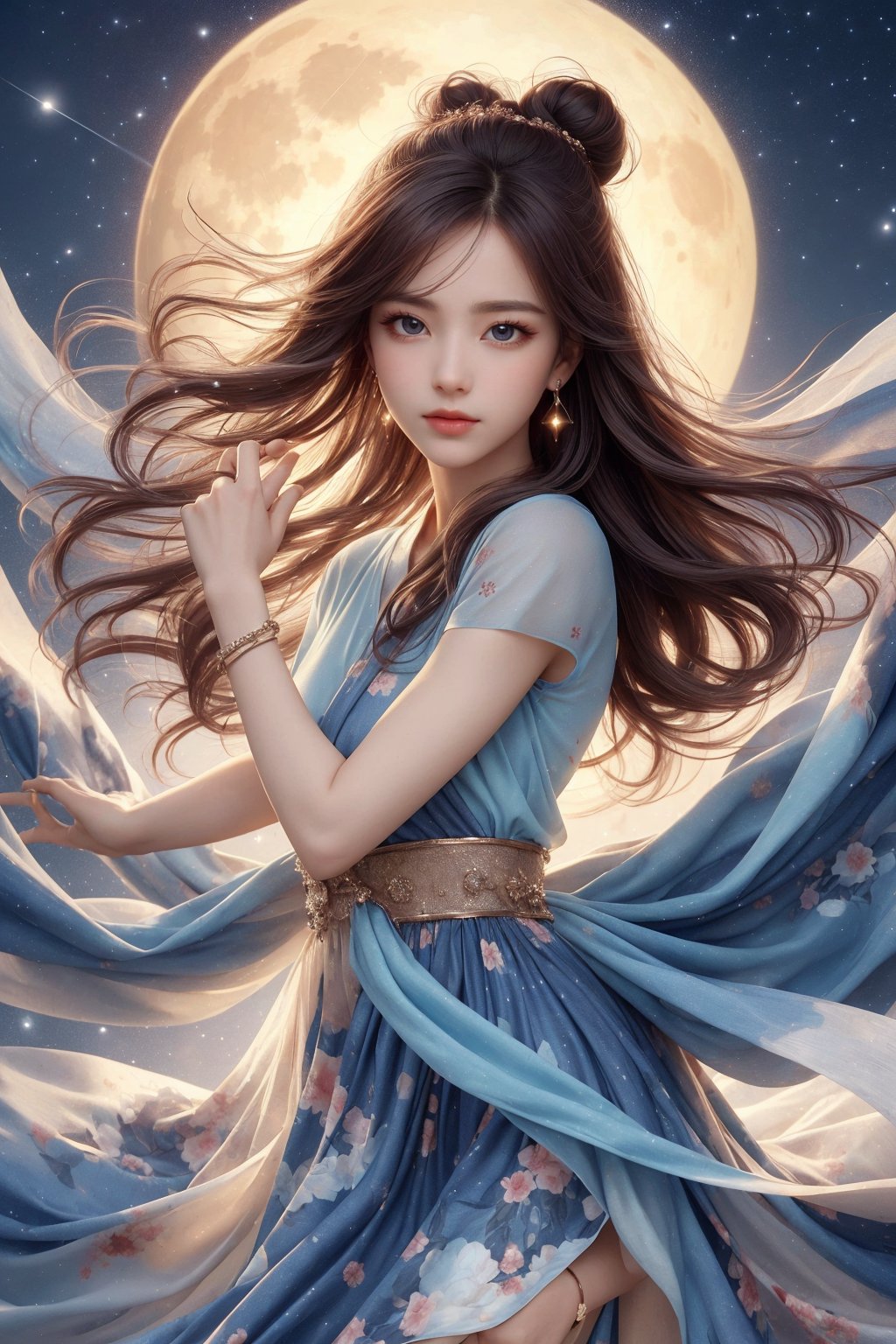The background is midnight sky,big moon,dark night,floral leaf blowing,16 yo, 1 girl, flying in the air,halo,shining bracelet,beautiful hanfu(transparent), cloth blowing in wind, solo, {beautiful and detailed eyes}, calm expression, natural and soft light, delicate facial features, cute japanese idol, very small earrings, ((model pose)), Glamor body type, (dark hair:1.2),  beehive,big bun,very_long_hair, hair past hip, curly hair, flim grain, realhands, masterpiece, Best Quality, photorealistic, ultra-detailed, finely detailed, high resolution, perfect dynamic composition, beautiful detailed eyes, eye smile, ((nervous and embarrassed)), sharp-focus, full_body, sexy pose,cowboy_shot,ruanyi0060, starry dress