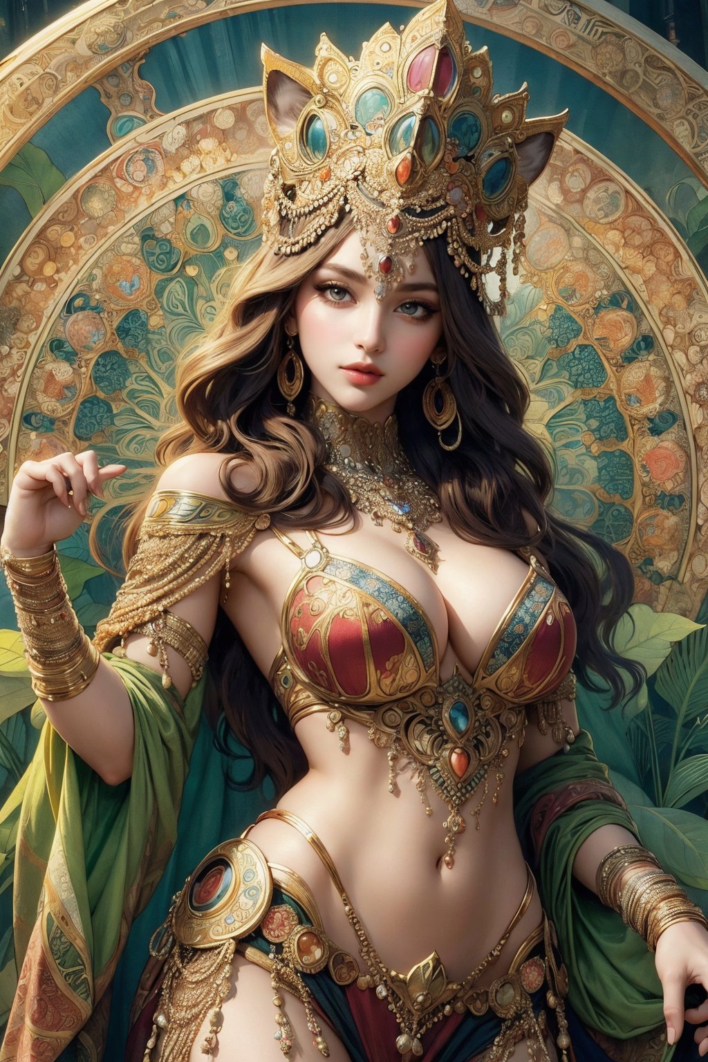 ((mucha style)), queen, cat woman, egyptian, busty and sexy girl, 8k, masterpiece, ultra-realistic, best quality, high resolution, high definition