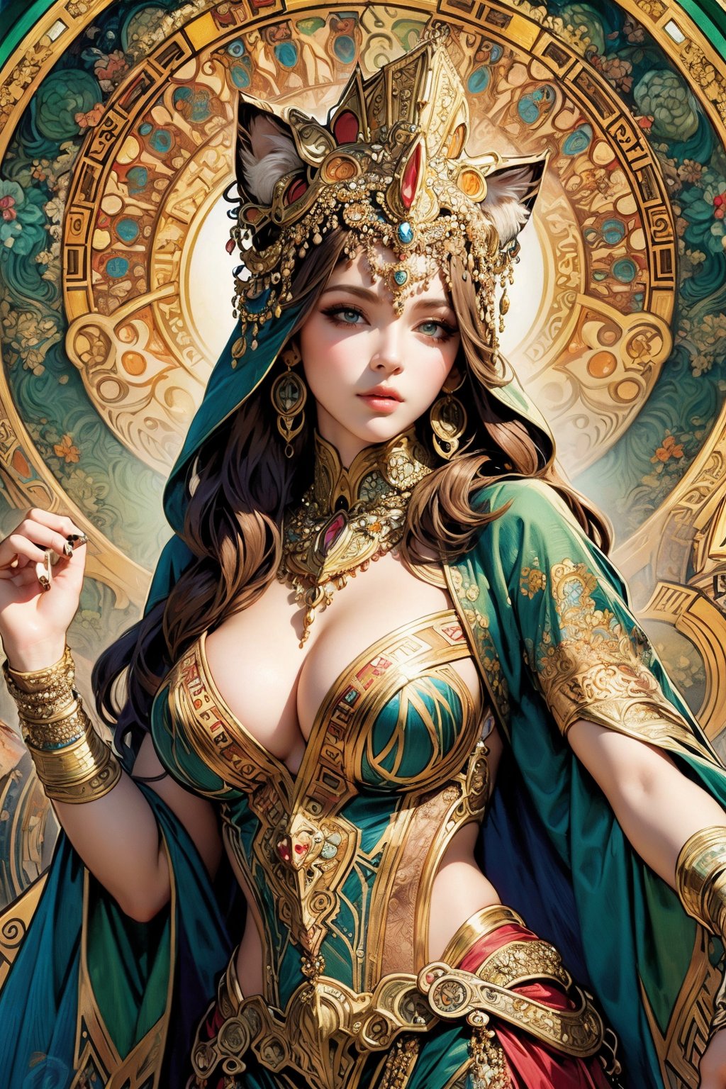 ((mucha style)), queen, cat woman, egyptian, busty and sexy girl, 8k, masterpiece, ultra-realistic, best quality, high resolution, high definition