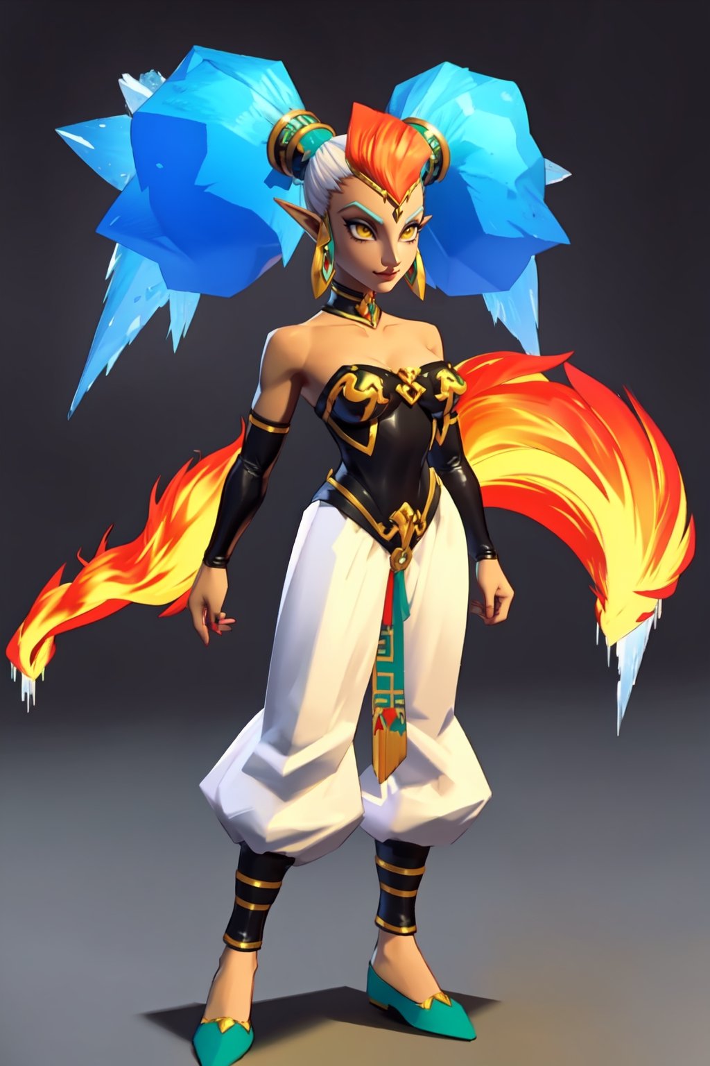 close up, 3d, unreal engine, 3d model,  |1 girl, Twinrova,
fire hair,
ice hair,
twintails,
green skin:1.8,
white pants,
yellow eyes, asymetric, harem pants, happy,  |  simple background:1.2) | n64style, ocarinaoftime, majorasmask, |,1girl,n64style,Twinrova, 