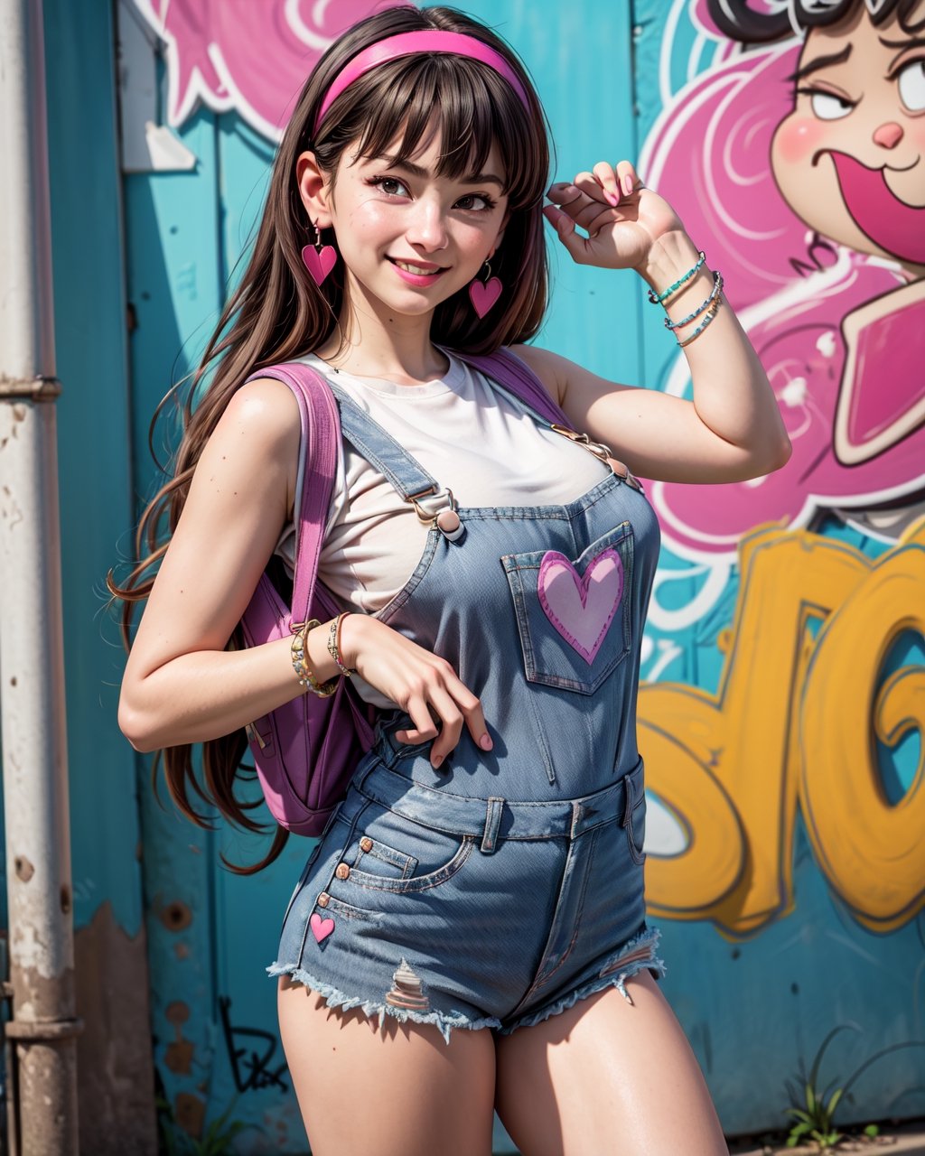 1 girl, abby, solo, long hair, bangs, black hair, jewelry, heart, hairband, earrings, bracelet, only  overalls, pink hairband, smile, big breast, long legs,  solo, backpack,  short shorts, , sideboobs, urban,graffiti:2, realistic, torn_clothes,  flushed, happy, realistic, details, slighty_chubby, portrait, 