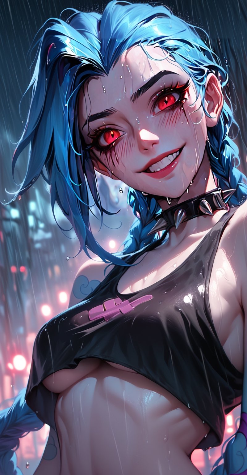 score_9, score_8_up, score_7_up, score_6_up, realistic, red eyes,  purple blue  hair, rainy day, fog, steam,night, wet, ,jinx (league of legends),JinxKaryln,g4n1m3, portrait,  pale skin, canine, ulg, disheveled hair, side, glowing eyes, smile, tank top, flushed, spiked chocker, bikini, dripped makeup, head tilt,smm underboob, 