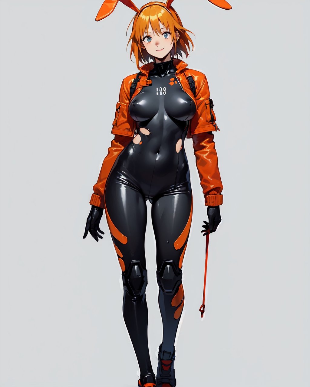 1girl, short hair, large breasts,  simple background,  (masterpiece, best quality, detailed:1.3), details,   full body, open clothes, snickers, side boob, seriuos face, navel, urban, jacket, seminaked, wet, asuka_langley_souryuu, bodysuit, plugsuit, plug_suit, evangelion, 1990s_(style), thigh, bunny ears, orange hair, smile, walking, oversized, torn clothes, ripped_clothes, damaged, asymetric, 