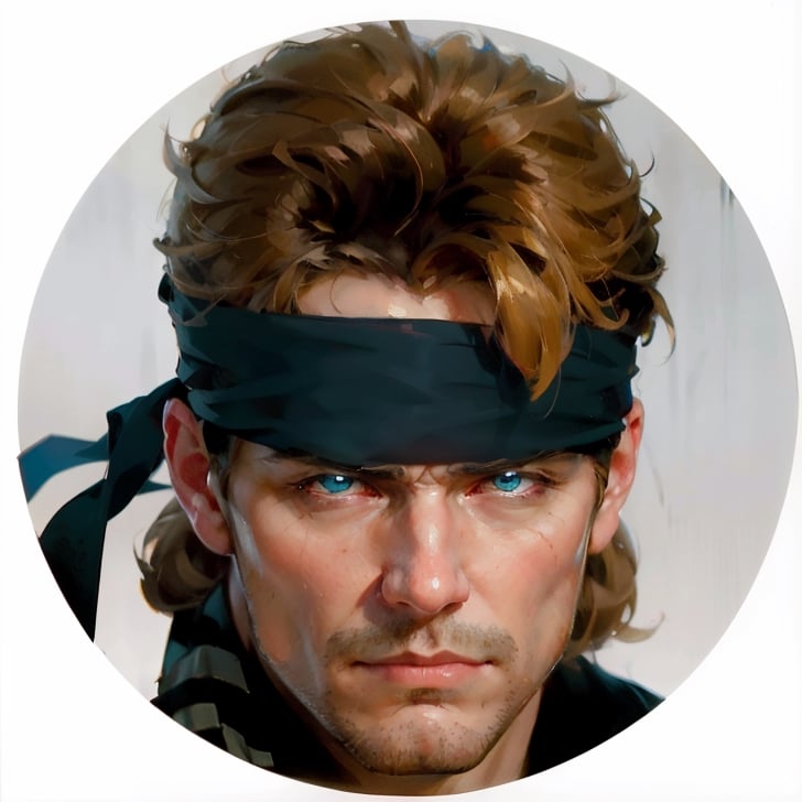 masterpiece, detailed hair, reflected light,volumetric lighting, depth of field,
eye focus, visibile brushstrokes, brush marks,
volumetric lighting, depth of field, chromatic aberration,very   reflected light, perfect_face, Perfect_eyes,film grain,classic painting, 
portrait of a man wearing a bandanna, solid snake,solid snake, blue eyes, stubble, heavy shadow, dark atmosphere, grim_expression, Determined, frowning, squinting eyes,greasy hair,