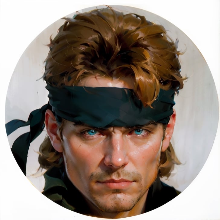 masterpiece, detailed hair, reflected light,volumetric lighting, depth of field,
eye focus, visibile brushstrokes, brush marks,
volumetric lighting, depth of field, chromatic aberration,very   reflected light, perfect_face, Perfect_eyes,film grain,classic painting, 
portrait of a man wearing a bandanna, solid snake,solid snake, blue eyes, stubble, heavy shadow, dark atmosphere, grim_expression, Determined, frowning, squinting eyes,greasy hair,