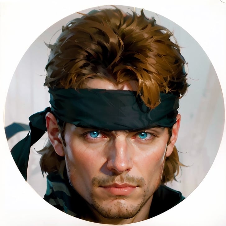 masterpiece, detailed hair, reflected light,volumetric lighting, depth of field,
eye focus, visibile brushstrokes, brush marks,
volumetric lighting, depth of field, chromatic aberration,very   reflected light, perfect_face, Perfect_eyes,film grain,classic painting, 
portrait of a man wearing a bandanna, solid snake,solid snake, blue eyes, stubble, heavy shadow, dark atmosphere,