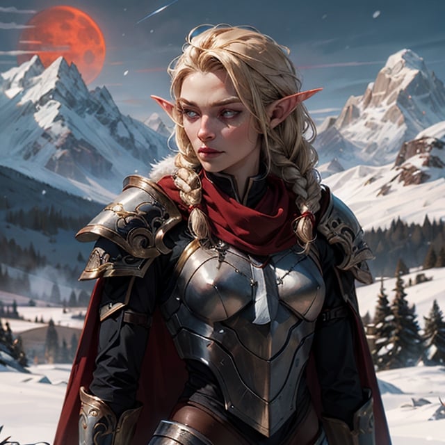 upper body of a slender elf girl in ornate blue metal armor with gold fillegre, large ornate blue pauldrons with gold trim fillegre  paladin, very long twin_braids,  honey_blonde hair,  hazel eyes,  bright pupils,  eye focus, long red wool cape, standing on snow covered field,  high mountain range in the distant background, snow is falling lightly, winter, midnight,  red_moonlight, medium red moon , particles,  light beam,  chromatic aberration, small breasts, brown leather gloves, pale_skin,  slender, smooth_skin, detailed_eyes, looking at camera, damaged  armor, dirty armor, fur trimmed clothing, embroidered scarf, round face, blue dragon flying away in the distant background, padded gambeson, long_sleeve, gauntlets, gorget, smooth skin,  side view,