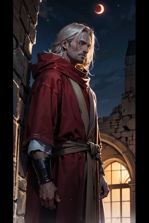 25 year old man,  Man has thin white shoulder length hair that is parted in the middle, lanky ,He has yellow metallic, skin with yellow eyes, the man is very thin with gaunt cheeks, sunken cheeks, hollow eyes, bags under his eyes, Man is wearing red wizards robes with a large hood, eye_contact, focus on eyes, man looks sick, sarcastic,  Thick red scarf around his neck, furrowed brows, mysterious, large Hood pulled up over his head, wearing a very large red hood, Hair framing his face,  view from  below, deep shadows, face is in shadow, Setting is a castle ruin,  broken walls, damages walls, fountain in the back ground, midnight,  night time, red moon in the sky, stars, man is wearing a red robe, red garments,  all red clothing, long face, long nose, dark lighting,   detailed_background, looking at camera, midnight,  red_moonlight,  medium red moon,  particles,  light beam,  chromatic aberration,blurry_light_background, holding a brown polished plain, wooden staff, long sleeves, sweater, clothing, ,avengers movie,weapon,LINEART, MONOCHROME