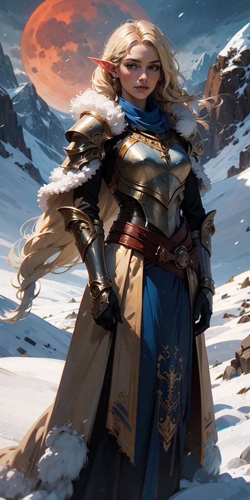 female_solo,  full body, frills,   blonde hair, dark clouds, upper body of a slender paladin elf girl in ornate blue metal armor with gold fillegre,  large ornate blue pauldrons with gold trim fillegre,  ornate breastplate with fillegre,  very long twin_braids,  braided_hair, honey_blonde hair, hair blowing in the wind, breeze, gust of wind,  hazel eyes,  bright pupils, large_eyes, small_nose, eye focus,  long red wool cape,  standing on snow covered field,  high mountain range in the distant background,  snow is falling lightly,  winter,  midnight,  red_moonlight,  medium red moon,  particles,  light beam,  chromatic aberration,  small breasts,  brown leather gloves,  pale_skin,  slender,  smooth_skin,  detailed_eyes,  looking at camera,  damaged  armor,  dirty armor,  fur trimmed clothing,  embroidered scarf,  round face, padded gambeson,  long_sleeve,  gauntlets,  youthful, 18 years old, rabbit fur mini skirt,
