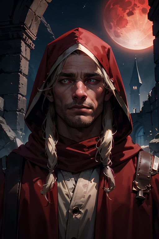 A portrait of a 25 year old man,  Man has white greasy shoulder length hair that is parted in the middle,  He has yellow metallic,skin with yellow eyes, the man is very thin with gaunt cheeks, sunken cheeks, hollow eyes, bags under his eyes, Man is wearing red wizards robes with a large hood, eye_contact, focus on eyes, man looks sick. Evil grin, sarcastic,  Thick red scarf around his neck, evil_man, furrowed brows, mysterious, Dangerous,  large Hood pulled up over his head, wearing a very large red hood, Hair framing his face,  view from  below, deep shadows, face is in shadow, Setting is a castle ruin,  broken walls, midnight,  night time, red moon in the sky, stars, man is wearing a red robe, red garments,  all red clothing, long face, long nose, dark lighting,   detailed_background, looking at camera, midnight,  red_moonlight,  medium red moon,  particles,  light beam,  chromatic aberration,