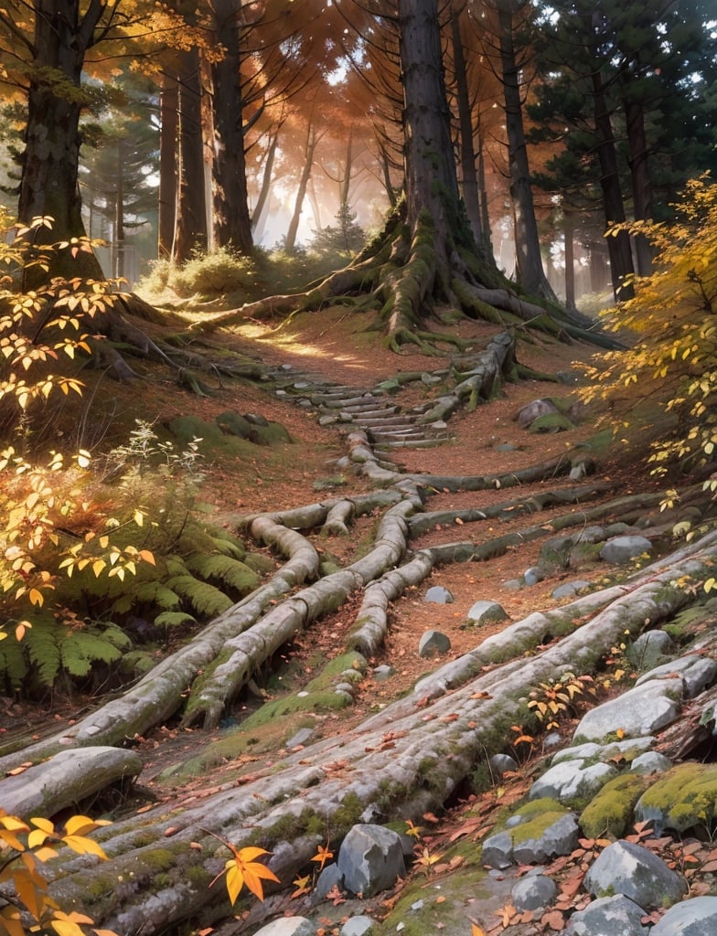 (masterpiece, Best Quality, realistic), (photo realistic:1.1), (UHD, 8K wallpaper, High resolution), perfect anatomy,Cinematic Lighting, Physically-based rendering, very_high_resolution, particles, light beam, chromatic aberration, autumn forest, old growth trees, huge old growth cedar trees, forest floor covered in undergrowth, leaves on the ground, ferns on the ground, dramatic light,large tress in the back ground,mountains in the far background, the forest floor is covered  grass and  fallen leaves, it is fall, the time is late afternoon, dusk_shine_(mlp)