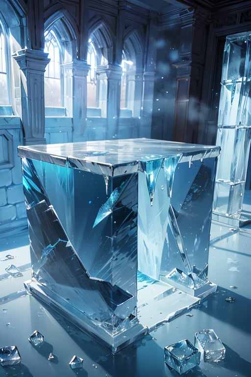 no people, 
a fantasy setting, winter time, cold blue light, everything in the room is made out of the same material(ice), Ice walls, Ice floors, Ice table, Ice ceiling, ontop of the table is an open  leather bound spellbook,
