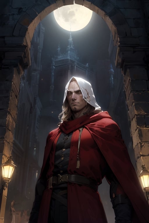 25 year old man,  Man has thin white shoulder length hair that is parted in the middle, lanky ,He has yellow metallic, skin with yellow eyes, the man is very thin with gaunt cheeks, sunken cheeks, hollow eyes, bags under his eyes, Man is wearing red wizards robes with a large hood, eye_contact, focus on eyes, man looks sick, sarcastic,  Thick red scarf around his neck, furrowed brows, mysterious, large Hood pulled up over his head, wearing a very large red hood, Hair framing his face,  view from  below, deep shadows, face is in shadow, Setting is a castle ruin,  broken walls, damages walls, fountain in the back ground, midnight,  night time, red moon in the sky, stars, man is wearing a red robe, red garments,  all red clothing, long face, long nose, dark lighting,   detailed_background, looking at camera, midnight,  red_moonlight,  medium red moon,  particles,  light beam,  chromatic aberration,blurry_light_background, holding a brown polished plain, wooden staff, long sleeves, sweater, clothing, ,avengers movie