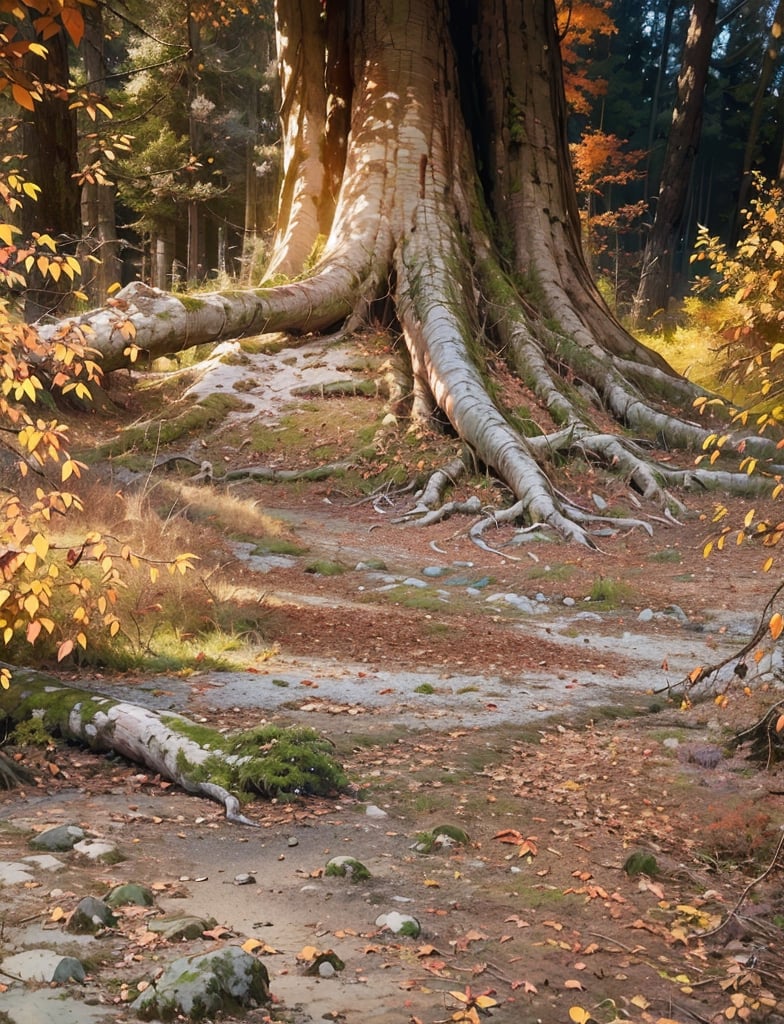 (masterpiece, Best Quality, realistic), (photo realistic:1.1), (UHD, 8K wallpaper, High resolution), perfect anatomy,Cinematic Lighting, Physically-based rendering, very_high_resolution, particles, light beam, chromatic aberration, autumn forest, old growth trees, huge old grown cedar trees, forest floor covered in undergrowth, leaves on the ground, ferns on the ground, dramatic light,large tress in the back ground, behind the large trees is a clear blue lake, behind the lake are mountains, the forest floor is covered  grass and  fallen leaves, it is fall, the time is late afternoon, dusk_shine_(mlp)