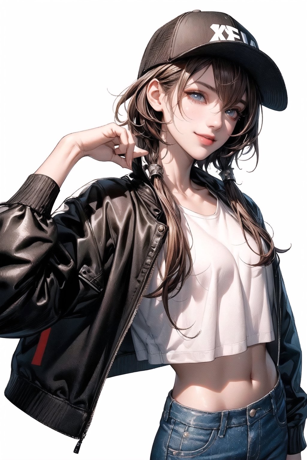 4k,best quality,masterpiece,1girl,(cropped jacket),(demin pant), smile,baseball cap,

(Beautiful and detailed eyes),
Detailed face, detailed eyes, double eyelids ,thin face, real hands,
((short hair with long locks:1.2)),brown-hair, white background,


real person, color splash style photo,
,highres