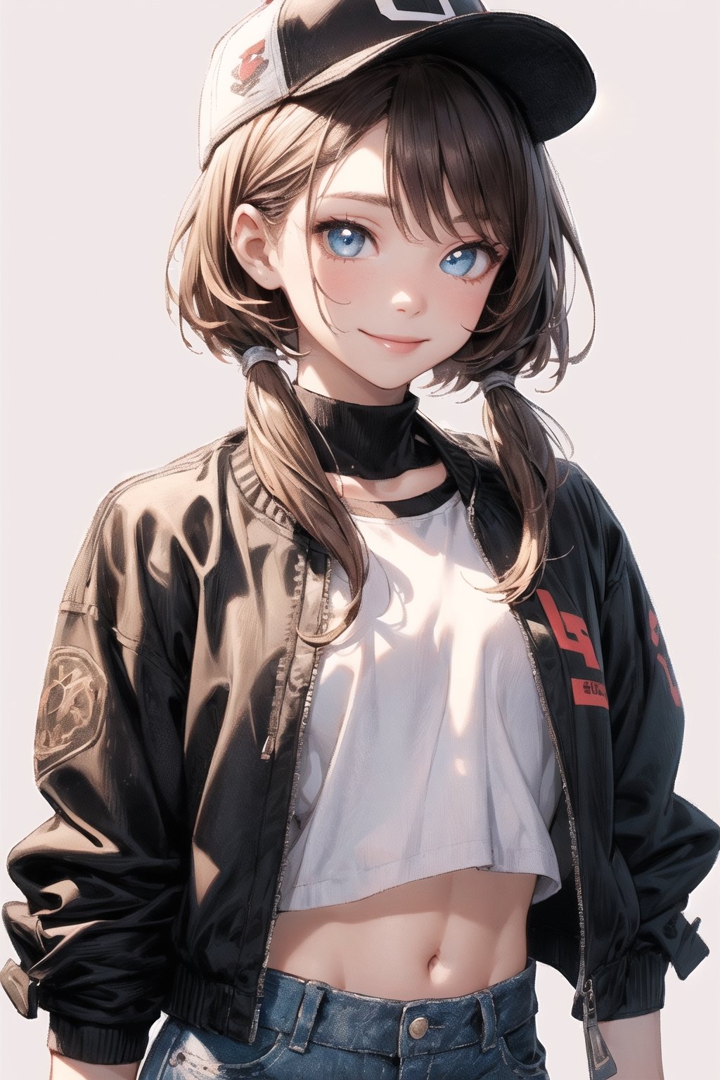 4k,best quality,masterpiece,1girl,(cropped jacket),(demin pant), smile,baseball cap,

(Beautiful and detailed eyes),
Detailed face, detailed eyes, double eyelids ,thin face, real hands,
((short hair with long locks:1.2)),brown-hair, white background,


real person, color splash style photo,
,highres