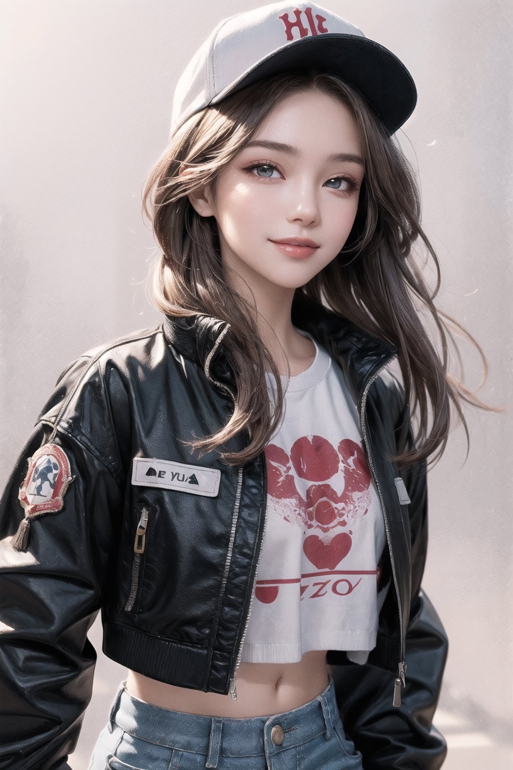 4k,best quality,masterpiece,1girl,(cropped jacket),(demin pant), smile,baseball cap,

(Beautiful and detailed eyes),
Detailed face, detailed eyes, double eyelids ,thin face, real hands,
((short hair with long locks:1.2)),brown-hair, white background,


real person, color splash style photo,
,highres