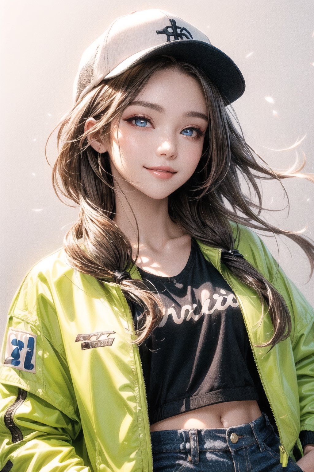 4k,best quality,masterpiece,1girl,(cropped jacket),(demin pant), smile,baseball cap,

(Beautiful and detailed eyes),
Detailed face, detailed eyes, double eyelids ,thin face, real hands,
((short hair with long locks:1.2)),brown-hair, white background,


real person, color splash style photo,
