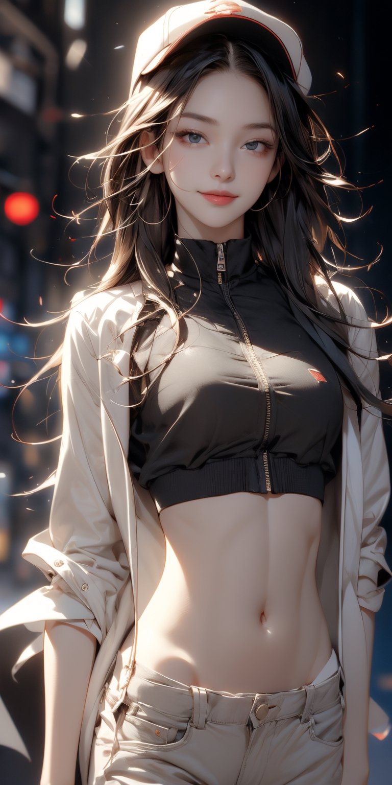 4k,best quality,masterpiece,20yo 1girl,(cropped jacket),(demin pant), alluring smile,baseball cap,

(Beautiful and detailed eyes),
Detailed face, detailed eyes, double eyelids ,thin face, real hands, muscular fit body, semi visible abs, ((short hair with long locks:1.2)), black hair, black background,


real person, color splash style photo,
,1 girl
