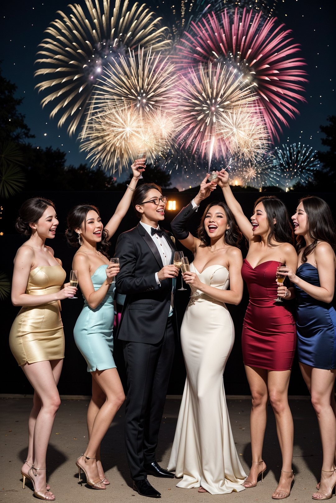 I would paint a vibrant scene of a group of women, dressed in elegant evening gowns, gathered together to celebrate the arrival of the new year. They would be dancing, laughing, and holding glasses of champagne, exuding joy and excitement. The painting would capture the energy and spirit of the occasion, with colorful fireworks bursting in the night sky.