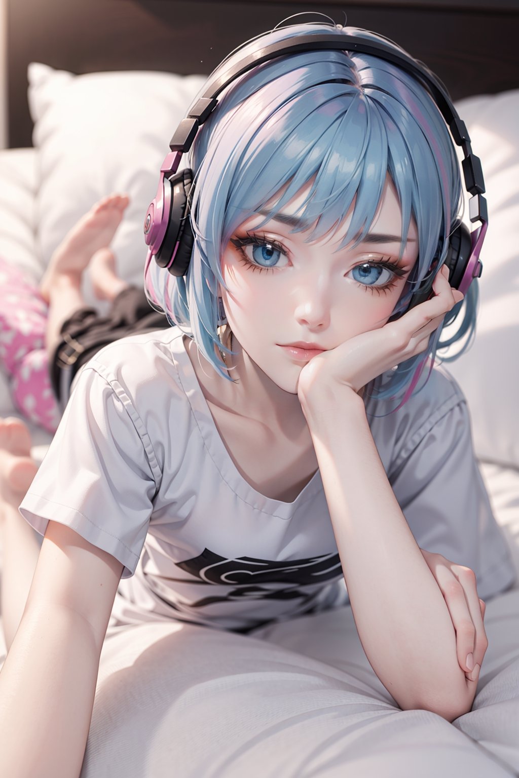 (realistic:1.4),feets_up,lying down, riamuyumemi, ,riamu yumemi, ahoge, blue hair, hair intakes, multicolored hair, (multicolored eyes, blue eyes:1.1), hot pink hair, short hair, two-tone hair,BREAK,  barefoot,   shirt, short sleeves, t-shirt,BREAK looking at viewer, full body,BREAK indoors,BREAK , (masterpiece:1.2), best quality, high resolution, unity 8k wallpaper, (illustration:0.8), (beautiful detailed eyes:1.6), extremely detailed face, perfect lighting, extremely detailed CG, (perfect hands, perfect anatomy),Realism,riamu,ph_Mar,perfect,photorealistic, 

A young woman with wild, disheveled hair, synthwave, lost in her own world, listening to music through her headphones, lying on bed, wearing a cargo pants surrounded by a chaotic bedroom background, drawn in the classic 90s anime art style of Naoko Takeuchi with a VHS effect, 