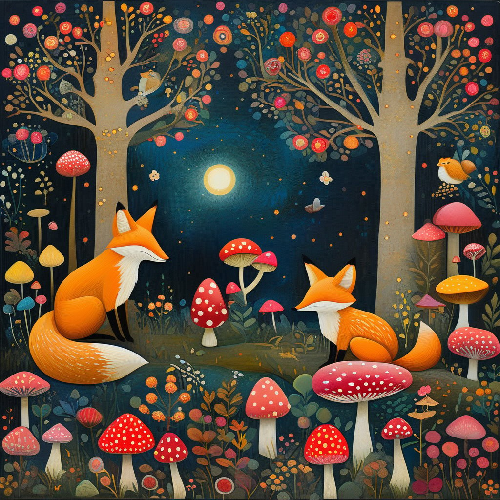 A whimsical forest scene at nighttime. Two foxes, one sitting and one standing, are the central figures, surrounded by a myriad of colorful flowers, mushrooms, and trees. Above the foxes, a large red and yellow mushroom stands out. The background is dark, possibly representing the night sky, dotted with tiny specks that could be stars or fireflies. Birds, including a pink one, can be seen perched on branches. The entire scene exudes a magical and serene ambiance.