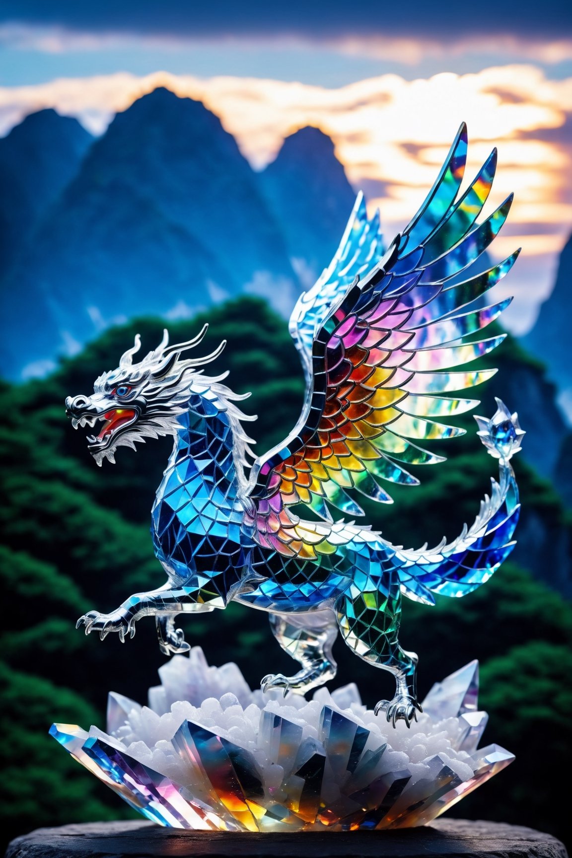 Highly detailed shot of an (((iridescence))) crystal sculpture in the shape of a CHINA DRAGAN flying on a crystal cloudy sky, often associated with the arrival of spring. In folklore, the CHINA DRAGAN is sometimes depicted as a symbol of good luck or as a harbinger of news from the spirit world, vibrant background, full motion effects, diagonal view, crystal particles glittering, back light, ultra sharp focus, high speed shot, vibrant color, Bioluminescence, high quality

,shards
