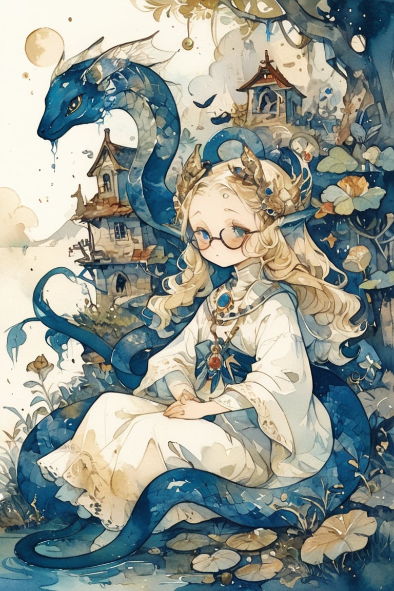illustrations,Simple minimum art, 
myths of another world,
pagan style graffiti art, aesthetic, sepia,Imagine a majestic cute blue snake with glassesThe serene and sacred atmosphere,
watercolor \(medium\),jewel pet,Deformed,furry girl