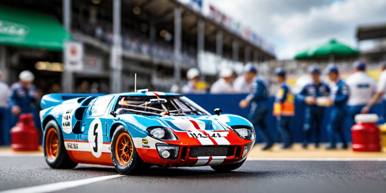 Ultra detailed, fully assembled Tamiya miniature Ford GT40 1966 on scale 1:24, on a diorama of pit stop of 1966 Le Mans 24H, 3d style