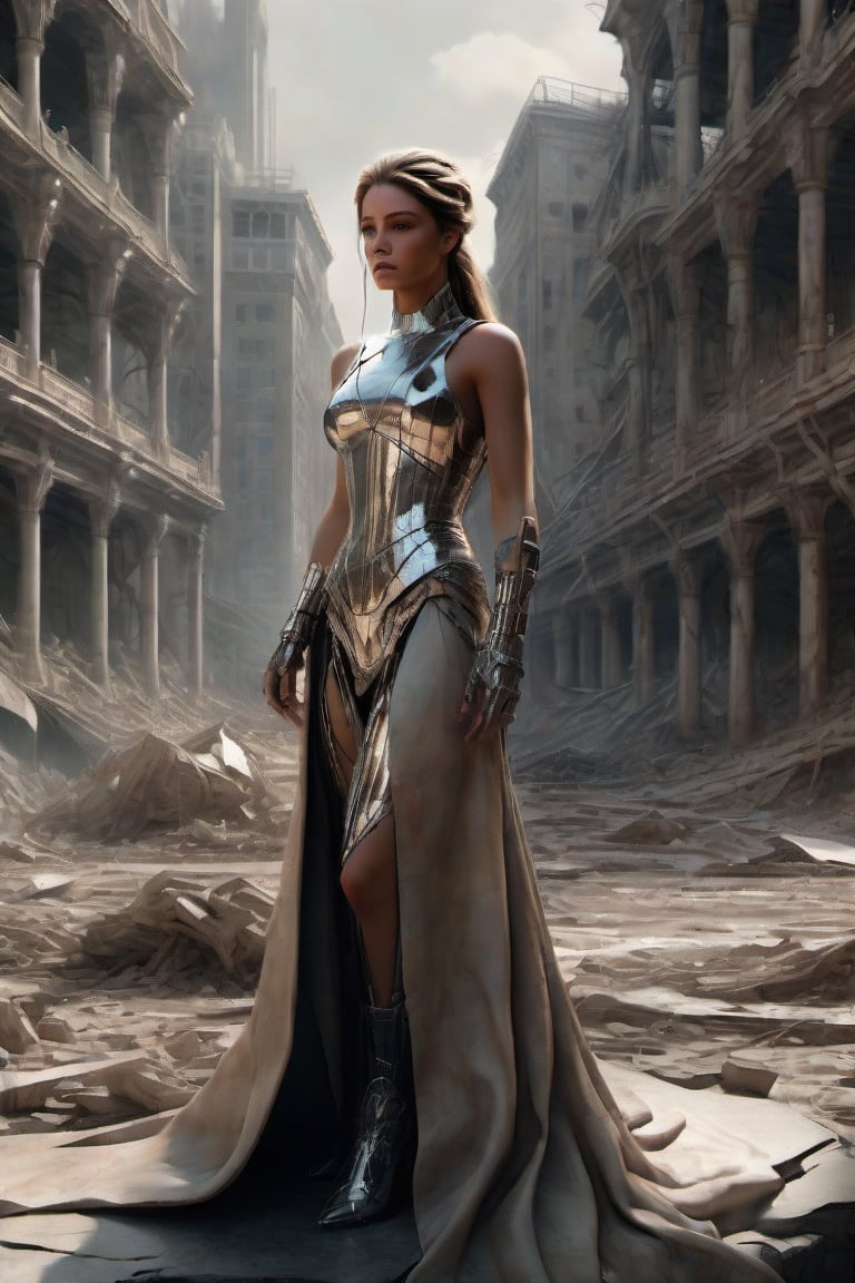 The overall effect is the imaginative and hyperrealistic depiction of the ripped, tattered, and battle-worn appearance of the elegant princess and dystopian landscape, characterized by intricate line work and dynamic composition. The image is hyperrealistic, with an extraordinary level of detail that makes it almost indistinguishable from a photograph. Every texture, shadow, and highlight is meticulously rendered, creating a lifelike and immersive visual experience. The scene should feature a realist selective focus on the royal princess. Color palette blends muted, earthy tones with vibrant accents, enhancing the depth and atmosphere of the scene.,Glass Elements