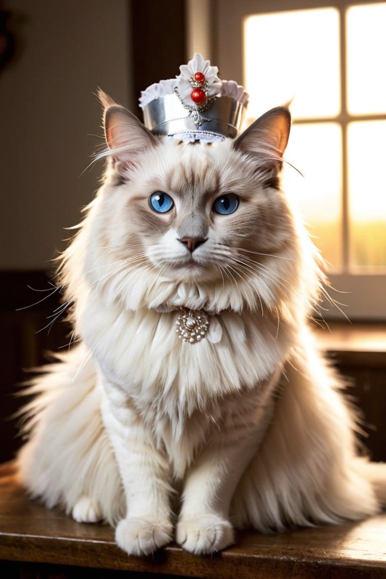 A Ragdoll cat wearing,Colorpoint Ragdoll,maid headdress,highly detailed, photorealistic, vibrant, immersive, fantasy setting,indoors,natural light,well-lit,dusk,Vintage filter