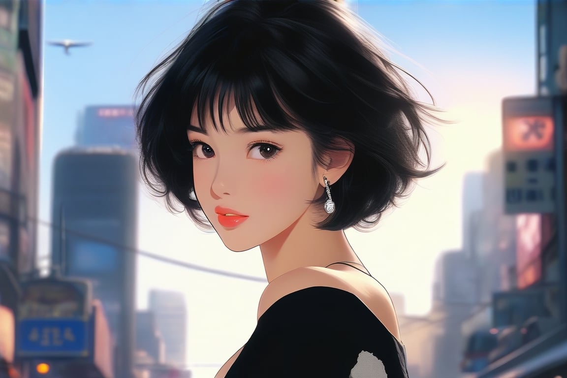 70s' Kowloon city wall street  black short hair beauty girl, Japanese 5 feet 6inchs ears ring, jumping, magic hour, air-plane on the sky  perfect face, short smile, fantasy, intricate, elegant, highly detailed, digital painting, concept art, sharp focus, realistic, trending on artstation, ArtStation, digital painting, by artgerm and greg rutkowski and alphonse mucha
full body