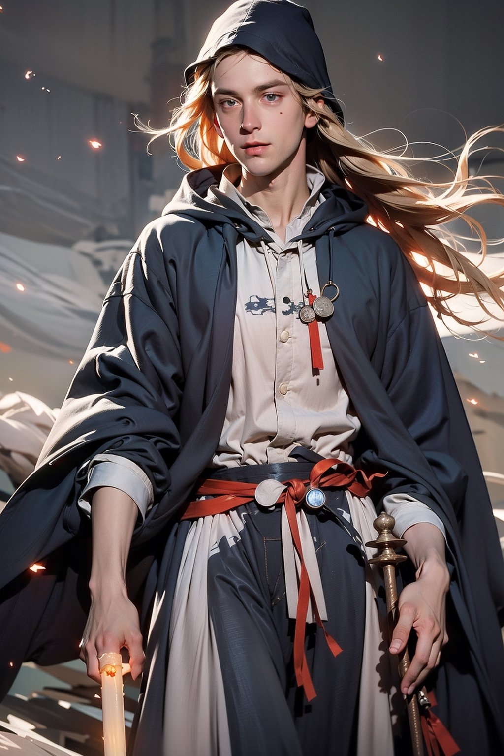 tempestmagic ,fantasy,wind storm, excessive energy , floating, enchanted robe , holding staff, mage staff , hood up, glowing hair, 1man ,glowing eyes, long hair,bj_elegant,cute blond boy