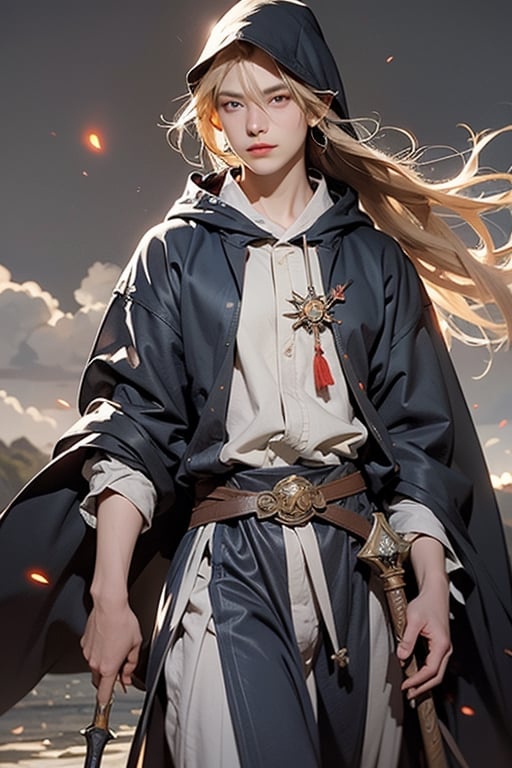 tempestmagic ,fantasy,wind storm, excessive energy , floating, enchanted robe , holding staff, mage staff , hood up, glowing hair, 1man ,glowing eyes, long hair,bj_elegant,cute blond boy