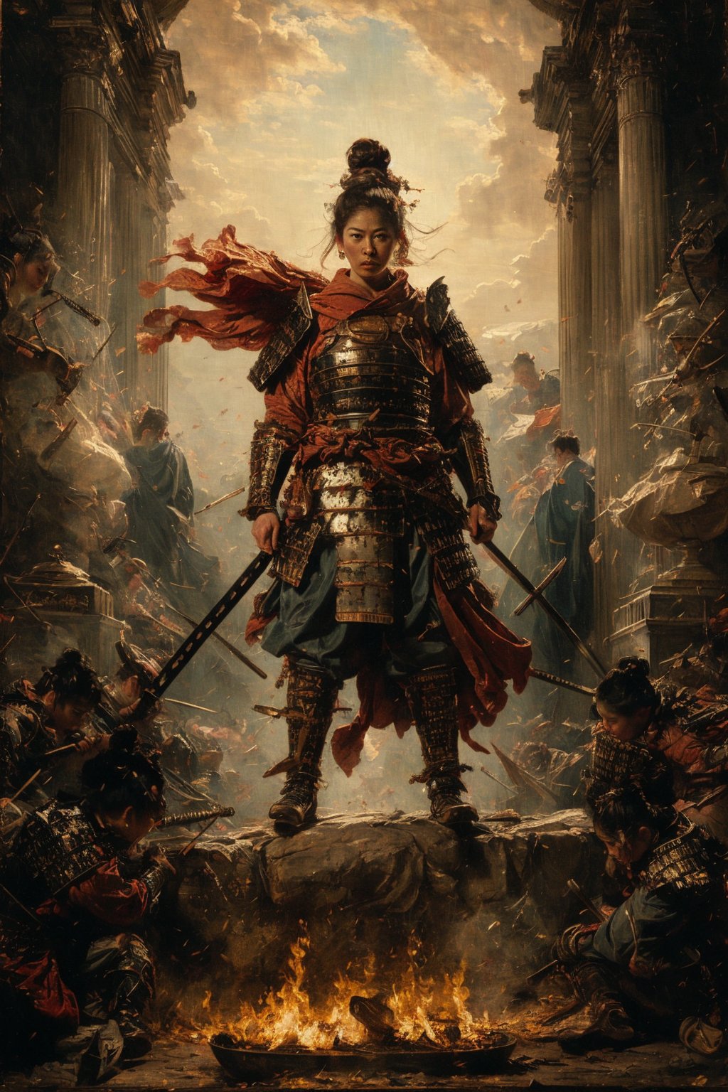 physically-based rendering, portrait, ultra-fine painting, extreme detail description, Akira Kurosawa's movie-style poster features a full-body shot of a 28-year-old girl, embodying the samurai spirit of Japan's Warring States Period, An enigmatic female samurai warrior, clad in ornate armor , This striking depiction, seemingly bursting with unspoken power, illustrates a fierce and formidable female warrior in the midst of battle. The image, likely a detailed painting, showcases the intensity of the female samurai's gaze and the intricate craftsmanship of his armor. Each intricately depicted detail mesmerizes the viewer, immersing them in the extraordinary skill and artistry captured in this remarkable 