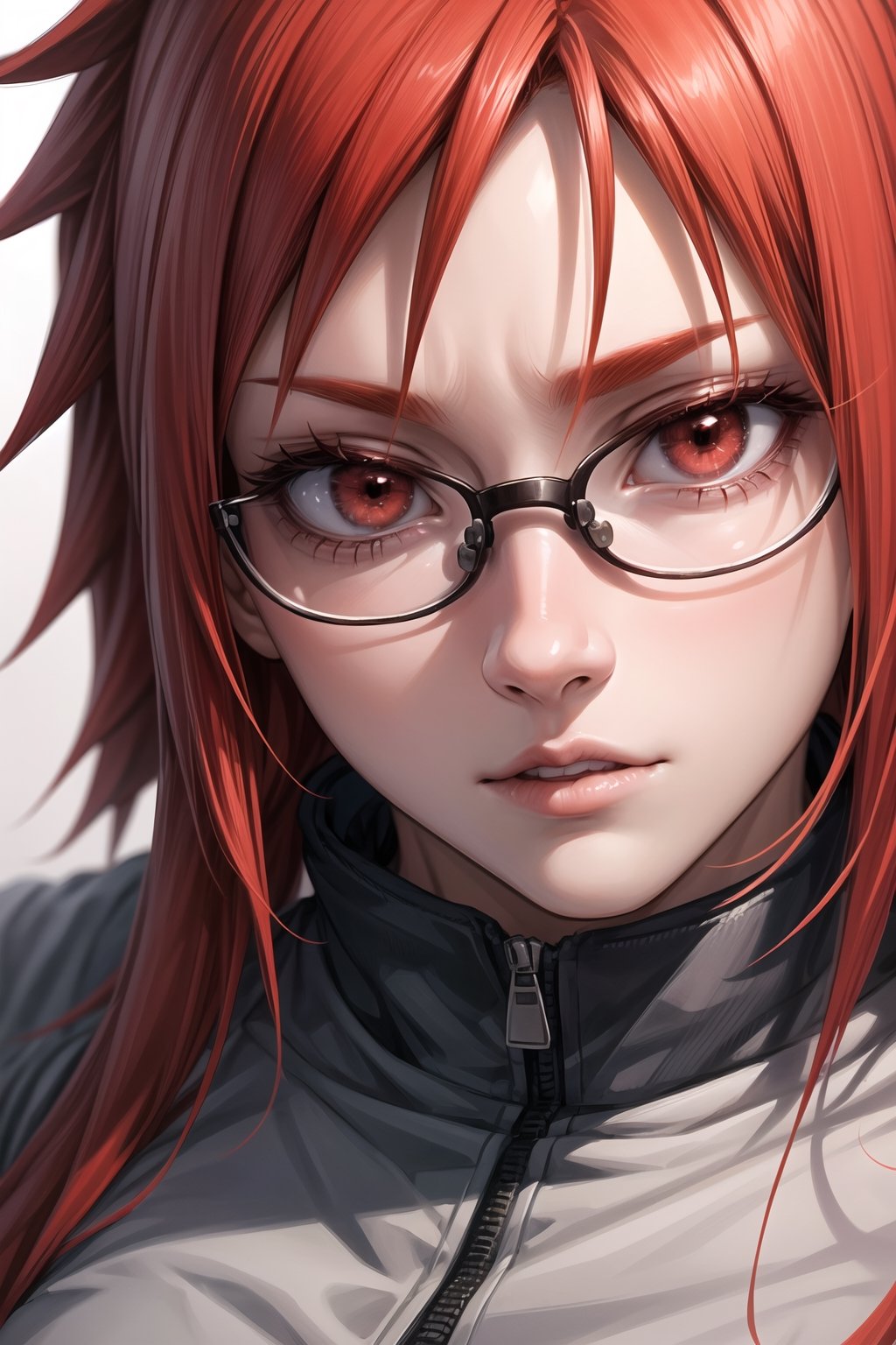 (Masterpiece, highly detailed, best quality), 1girl, solo, karin uzumaki, red hairs, red eyes, glasses,Naruto,Karin_Uzumaki,Karin uzumaki,karin,red hairs