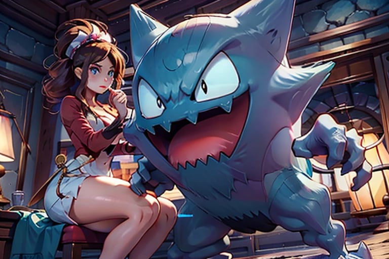 Ultra detailed panoramic shot of hilda playing with a haunter, inside a pokemon center, big well rounded thighs, girl, Hilda (pokemon), Haunter_Pokemon