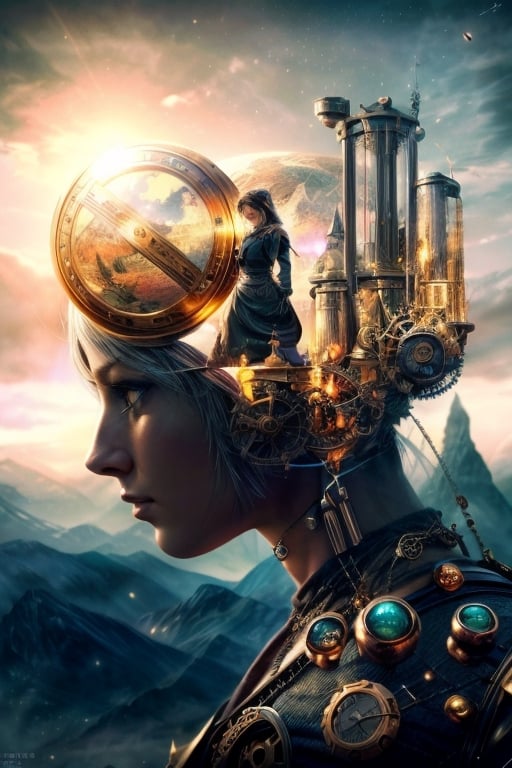 Balance of steampunk machines, nature and mankind, Realisim, photographic, masterpeice, cinematic, waist to head close-up, Add more detail,ff14bg,Add more detail,cart00d,DarkTheme,masterpiece,rock_2_img,EpicSky,DonMASKTEX,xyzabcplanets