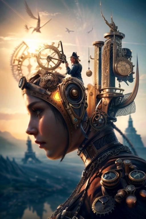 Balance of steampunk machines, nature and mankind, Realisim, photographic, masterpeice, cinematic, waist to head close-up, Add more detail,ff14bg,Add more detail,cart00d,DarkTheme,masterpiece