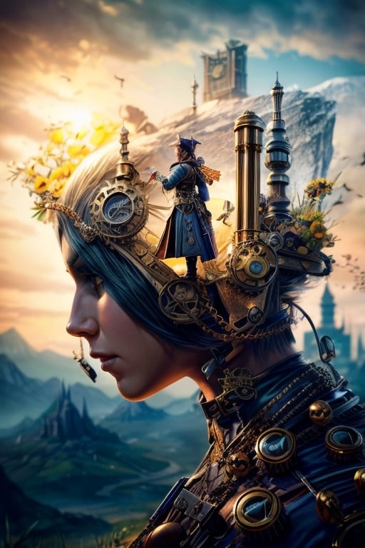 Balance of steampunk machines, nature and mankind, Realisim, photographic, masterpeice, cinematic, waist to head close-up, Add more detail,ff14bg,Add more detail,cart00d,DarkTheme,masterpiece,rock_2_img