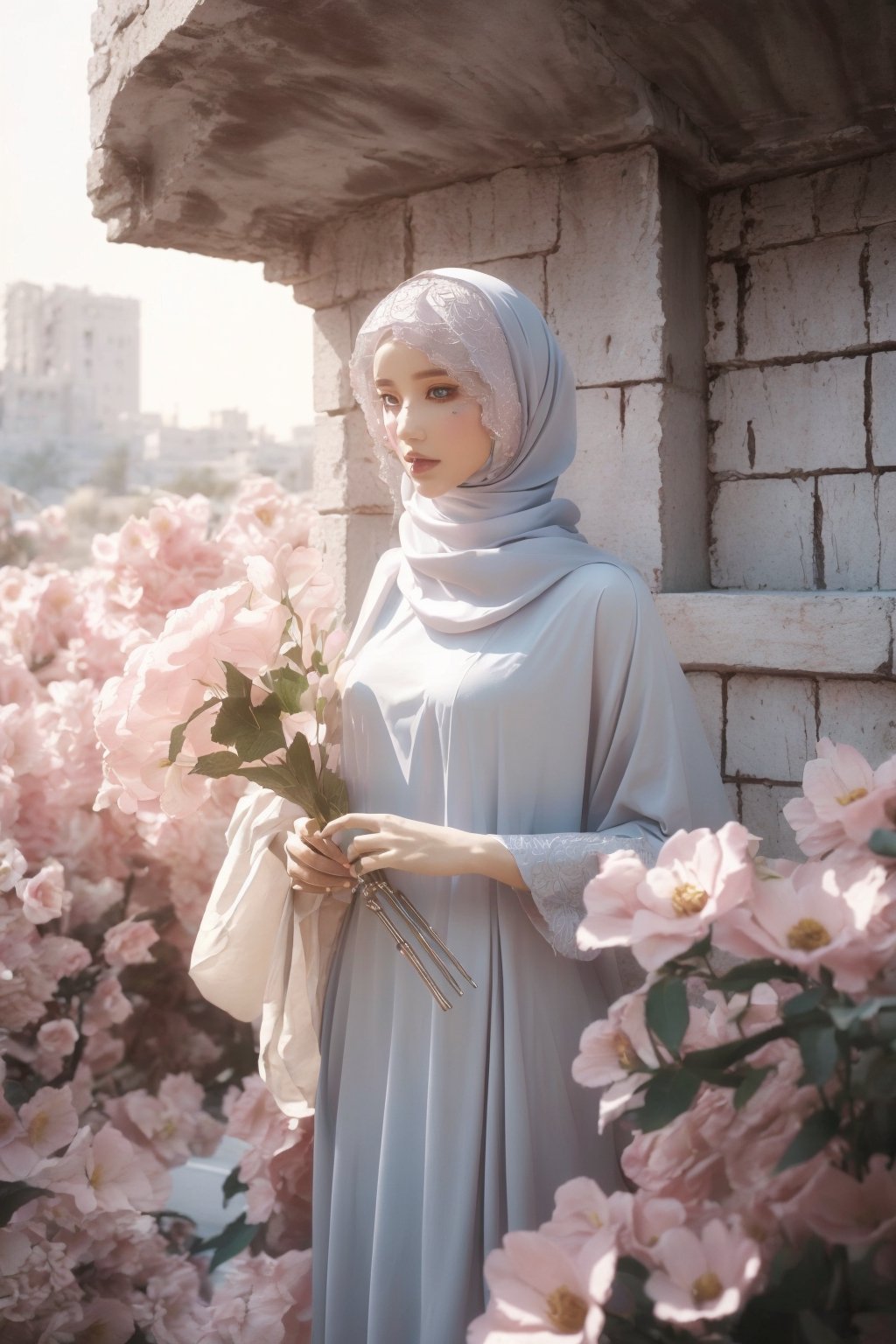 A beautiful female Palestine woman with hijab uniform carrying submachine weapon, insanely detailed and intricate background city ruin , pastel, flowers, ethereal light, masterpiece, cinematic , photorealistic, high resolution, vibrant color, octane render,flower_core,ME_beauty