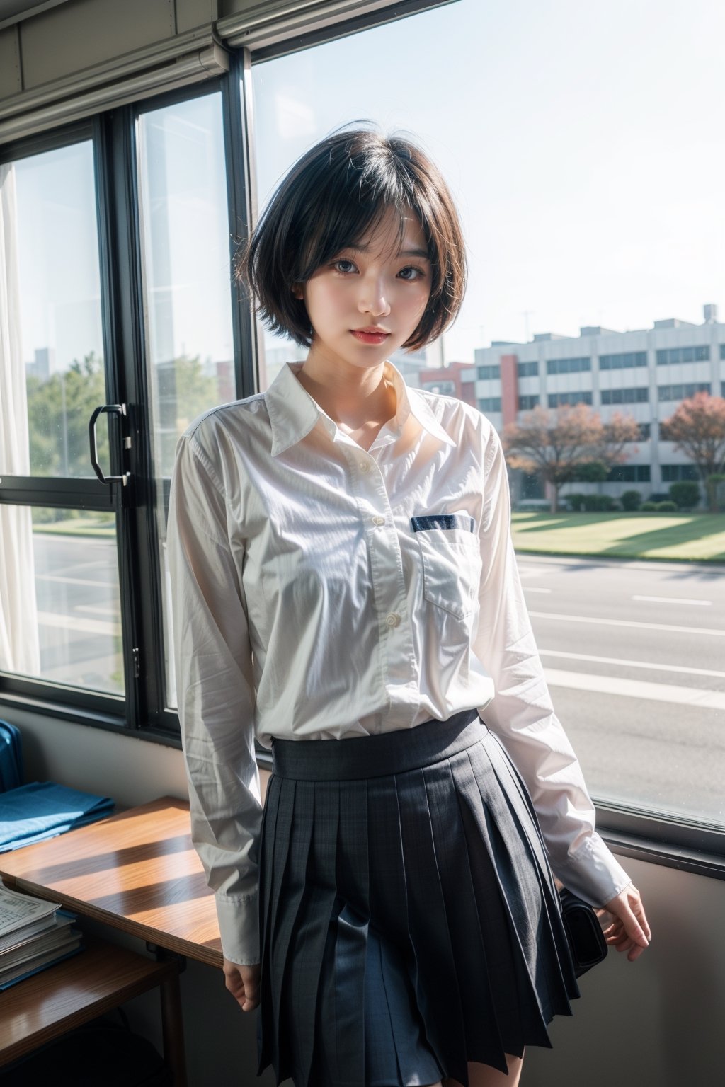 A Chinese female student in school uniform, 18 years old, with short hair and full of energy, Tyndall fiber optic light shines from the window, with the school library background in the background